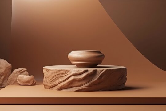 3d render of abstract geometric forms. Minimal scene with podiums for product presentation. Brown background, Generative Ai