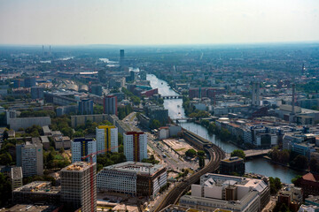 Fototapeta na wymiar Aerial view of the cityscape of east Berlin with the Spree river
