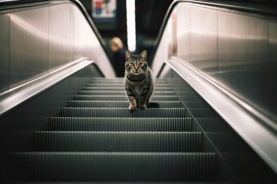 A Cat Walking On The Escalator In Opposite Direction. Generative Ai