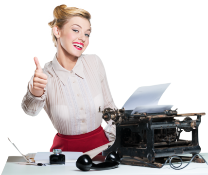 Attractive young woman working on vintage typewriter on white background
