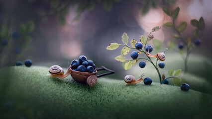 Team of snails picking blueberries, farming teamwork, teamwork concept. Funny animals. harvesting.