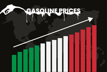 Increasing of gasoline prices in Italy, bar chart graph, rising values news banner idea