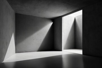 Interior of a modern empty room with concrete walls and concrete floor. Light from the window, Generative Ai