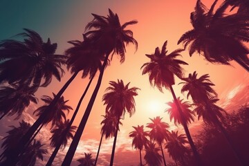Fototapeta na wymiar Silhouette of palm trees on sunset sky background. Vintage tone, Generative Ai