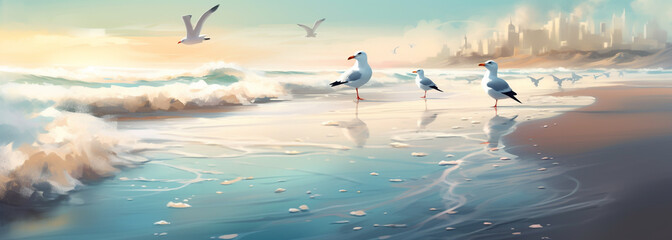 a painting of seagulls on a beach with a sky background and a wave in the background. Generative Ai