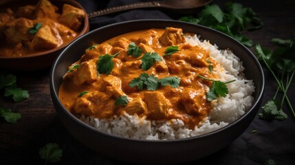 A steaming bowl of aromatic Indian chicken curry, with tender chunks of chicken in a rich and creamy sauce. 