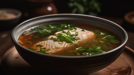 A steaming bowl of fragrant fish soup, garnished with a few slices of fresh ginger and a handful of chopped scallions.