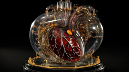 Artificial human heart with complex medical mechanisms made of plastic and precious metal. Created with Generative AI.
