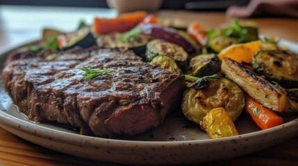 A beautiful steak being cooked to perfection with vegetables on white plate. AI-generated image	