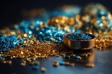 Close-up beads in gold and blue on a dark and bokeh background. Selective focus, Generative Ai