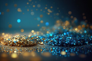 Close-up beads in gold and blue on a dark and bokeh background. Selective focus, Generative Ai