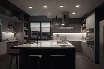 New modern kitchen interior | 3d rendering of a wooden Scandinavian kitchen with white bricks | White and Neutral Contemporary Kitchen | elegant contemporary kitchen room interior, Generative AI