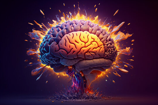 brainstorming concept art - bright idea and creative thinking, a colorful glowing human brain exploding with knowledge and creativity, generative ai