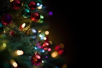 Fototapeta na wymiar Christmas tree with colourful balls and ornaments on dark background. Selective focus, Generative Ai