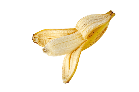 Half peeled banana with sugar spots isolated transparent png. Ripe yellow spotted fruit. Cavendish variety of Musa acuminata. 