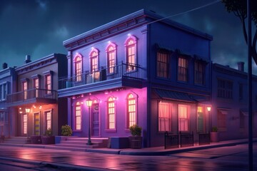 A street scene with a purple light up the scene, in the style of hauntingly beautiful illustrations, a Night scene of a street in the old town. Generative Ai