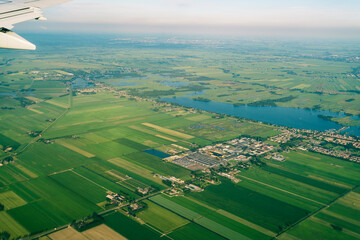 aerial view of the fields and lakes in the countryside around Amsterdam, The Netherlands