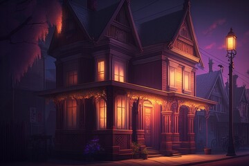 A street scene with a purple light up the scene, in the style of hauntingly beautiful illustrations, a Night scene of a street in the old town. Generative Ai