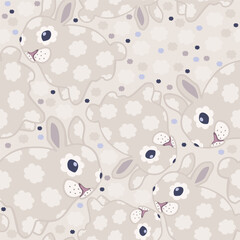 Vector seamless pastel pattern with rabbits and flowers 0n light background. 