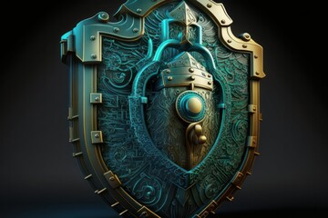 3d illustration of metal shield with lock and keyhole over dark background, generative Ai
