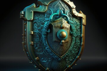 Cyber security concept. Shield and padlock. 3D illustration, generative Ai
