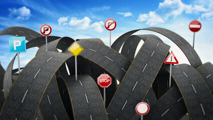 Tangled, crowded, chaotic roads and traffic signs. 3D illustration