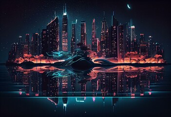 The neon lights of the city at night. neon lights reflected on the water. a contemporary metropolis with tall structures. Illustration of a city on the ocean's nighttime streets. Generative AI