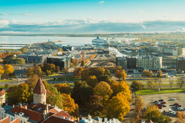 View of the skyline of Tallinn early morning with the harbor in the background