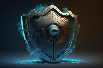 Cyber security concept. Shield on dark background. 3D rendering, generative Ai