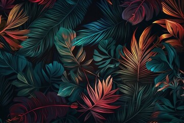 Illustration of tropical Tropical leaves seamless pattern on dark background with light effects, Generative Ai
