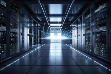 Fototapeta premium Cloud server room with data storage datacenter space in the corridor, style of reimagined by industrial light and magic, highly polished surfaces, light indigo and light bronze, Generative Ai