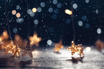 Obraz na płótnie Canvas Christmas decoration background with snow, golden stars and bokeh lights on a dark background, Festive holiday and snow concept, Generative Ai