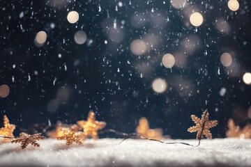 Christmas decoration background with snow, golden stars and bokeh lights on a dark background, Festive holiday and snow concept, Generative Ai