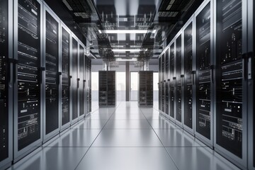 Cloud server room with data storage datacenter space in the corridor, style of reimagined by industrial light and magic, highly polished surfaces, Generative Ai
