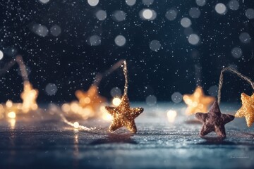 Obraz na płótnie Canvas Christmas decoration background with snow, golden stars and bokeh lights on a dark background, Festive holiday and snow concept, Generative Ai