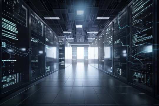 Cloud server room with data storage datacenter space in the corridor, style of reimagined by industrial light and magic, highly polished surfaces, light indigo and light bronze, Generative Ai