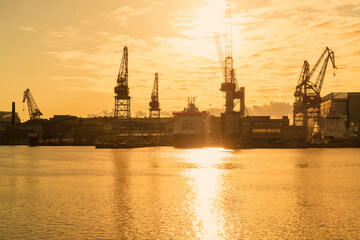 Silhouette of Cranes at the harbor in Helsinki in Autum early morning, Finland 