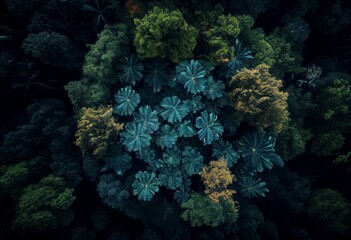 Obraz na płótnie Canvas aerial view of a green rainforest with trees standing together. Generative AI