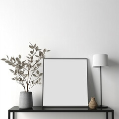 photo frame sitting on the table next to the lamp, minimalist painting, minimalist, pure black outline, square picture frames. Generative Ai