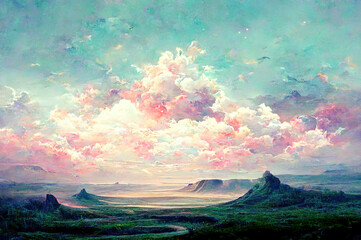 Pink clouds sky and mountains, art concept illustration