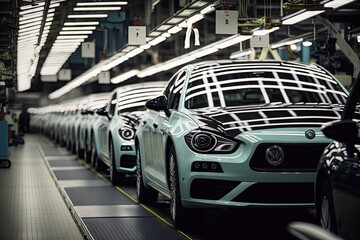 Production assembly line of modern cars. Ai generative.