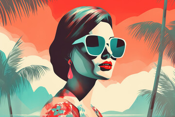 Vintage Illustration of a beautiful woman with red sunglasses over silhouettes of palm trees, Pin up, pop art, Generative AI