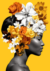 Vintage Illustration of a beautiful African woman with colorful flowers on her head, yellow...
