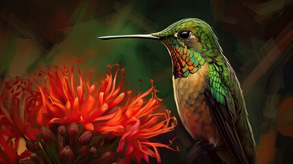 A Closeup of a Hummingbird atop a Red Flower - Nature's Brilliant Colours in the Forests of a Tropical Mountain, Generative AI