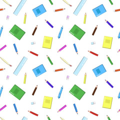 School supplies seamless pattern with line icons. Study tools background - pencil, pen, ruler, color pencils, notebook, vector illustration. Colored wallpaper for stationery sale brochure.