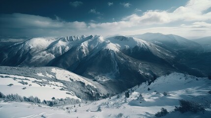 Breathtaking Panoramic View of Snowy Winter Mountain Range, Generative AI