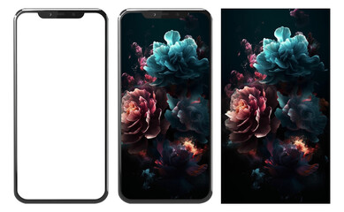 Realistic mobile mockup and beautiful blooming flower abstract wallpaper. generate ai
