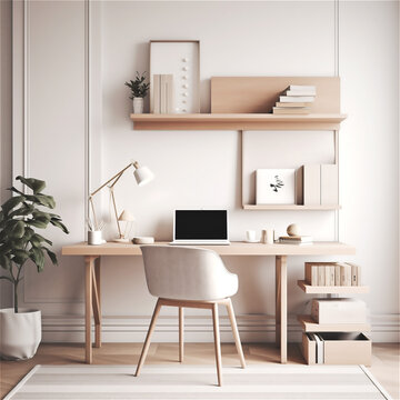 The homework room with desk or home office in platinum shades. Home Decor styles of furniture. Close-up. Generative Al content.