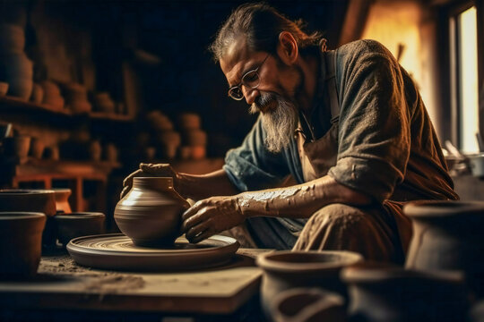 A potter in his workshop crafting a pot. Created with Generative AI technology.
