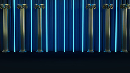 Obraz premium abstract background, Dark Hallway Columns with glowing blue light in the middle, 3D render
